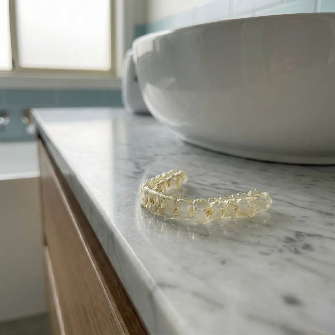 Aligner with discoloration and calcium buildup before cleaning